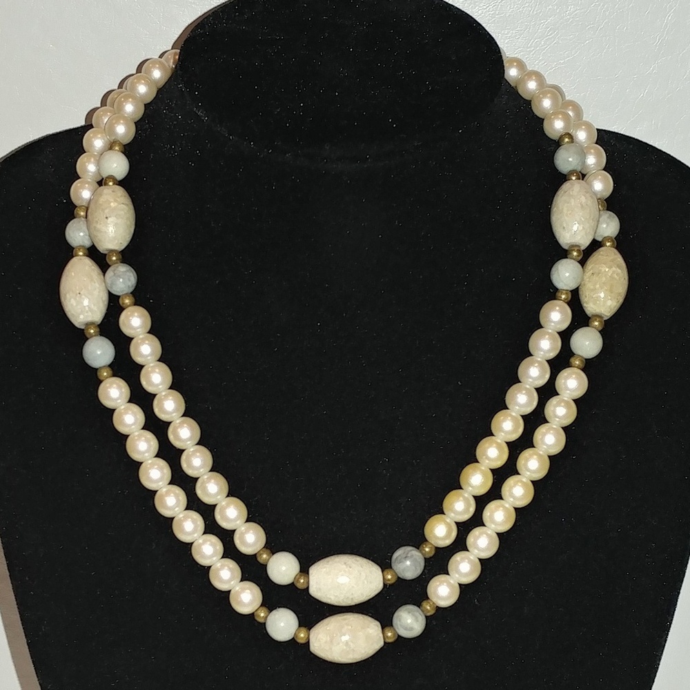 Faux Pearl and Stone Bead Necklace